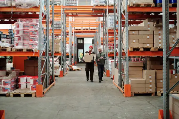Warehouse workers checking packaged goods