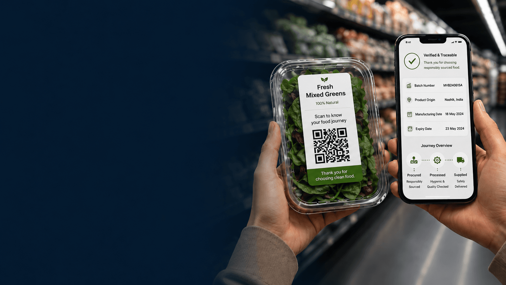 Hand holding a scanned package of Fresh Mixed Greens next to a phone showing verified batch, origin, and journey details